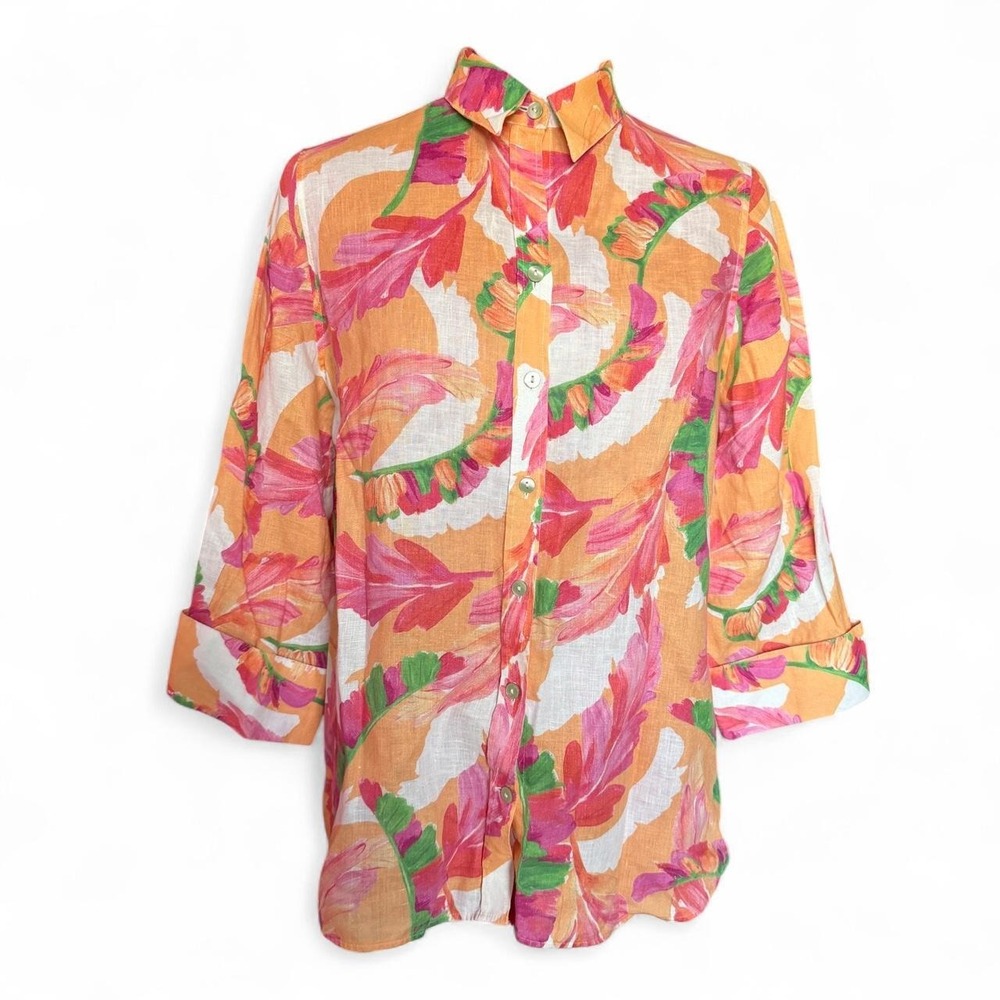 Chico's orange floral linen button up shirt size 8 (medium) like new summer